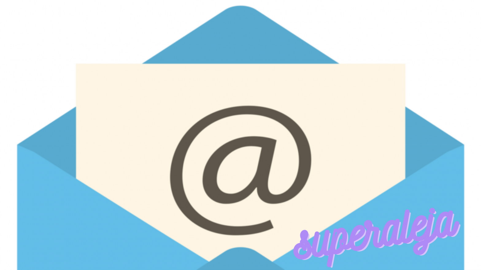An image of a blue envelope, open, with a cream colored sheet peeking out that has the at sign on it (meant to signify email). At the bottom in light purple cursive text reads: superaleja