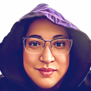 An app-created, selfie style photo that was made to look like it was painted. My face is visible, but surrounded by a purple hood (from a hoodie), and I'm wearing purple-rimmed, slightly cat-eye shaped glasses. I have a slightly amused smile with lips that look like they are wearing lipstick (but they're not).