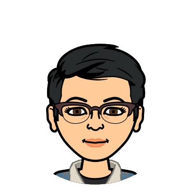 An updated Bitmoji cartoon version of Alejandra Ospina's face, with slightly cat-eye style glasses, slightly longer but still short black-colored hair, and a small smile, looking straight ahead.