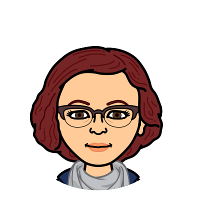 An updated Bitmoji cartoon style image of Alejandra shows a slightly smiling face, wearing glasses, with slightly longer short and now reddish hair.